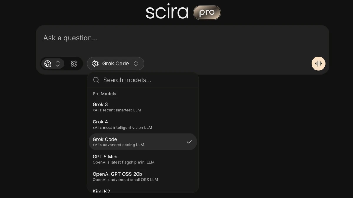 Scira AI добавила Grok Code от xAI для профессионалов